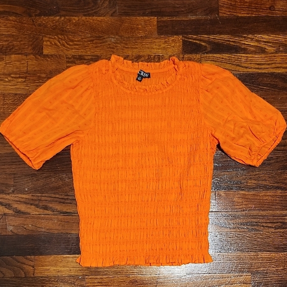 J. Crew Tops - J. Crew Stretchy Bright Orange Smocked Blouse Puff Sleeves Ruffle Crew Collar